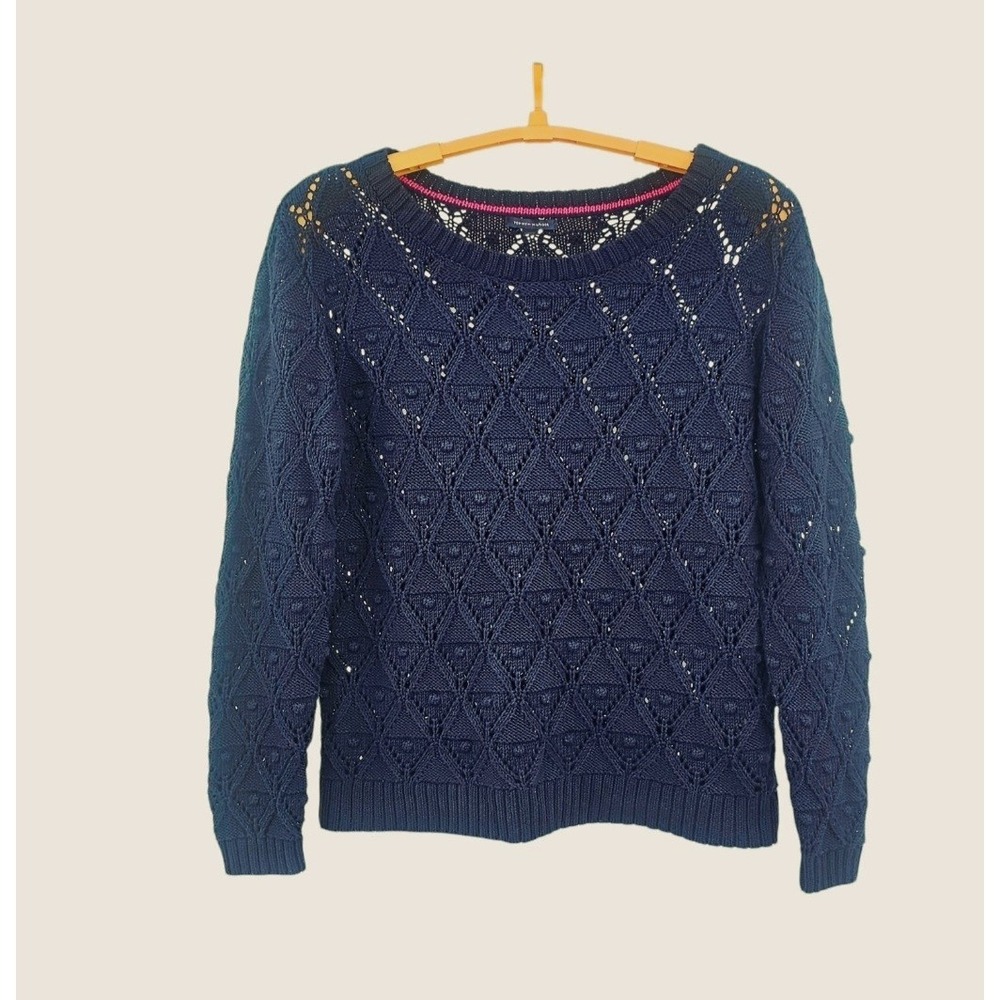 TOMMY HILFIGER Navy Blue Diamond Pointelle Open Knit Sweater